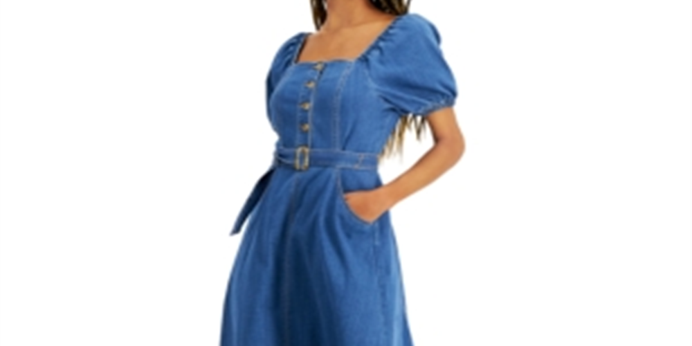 INC International Concepts Women's Smocked Denim MIDI Dress Blue Size 16