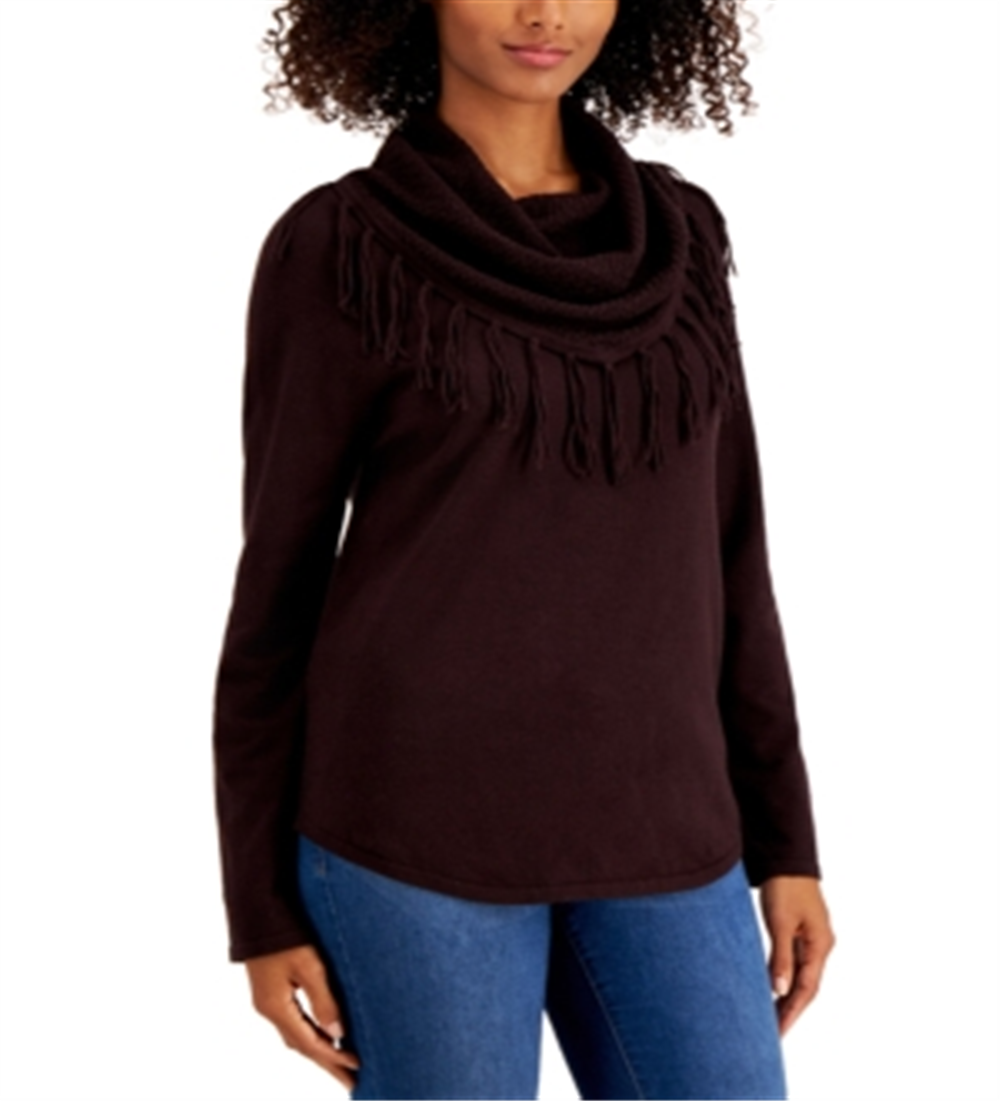Style & Co Women's Fringe Cowl Neck Sweater Brown Size Medium