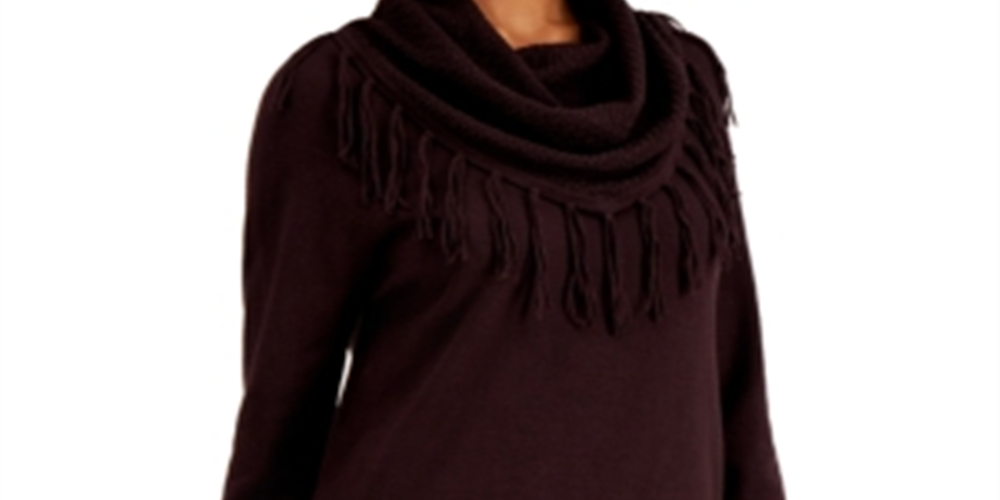 Style & Co Women's Fringe Cowl Neck Sweater Brown Size Medium