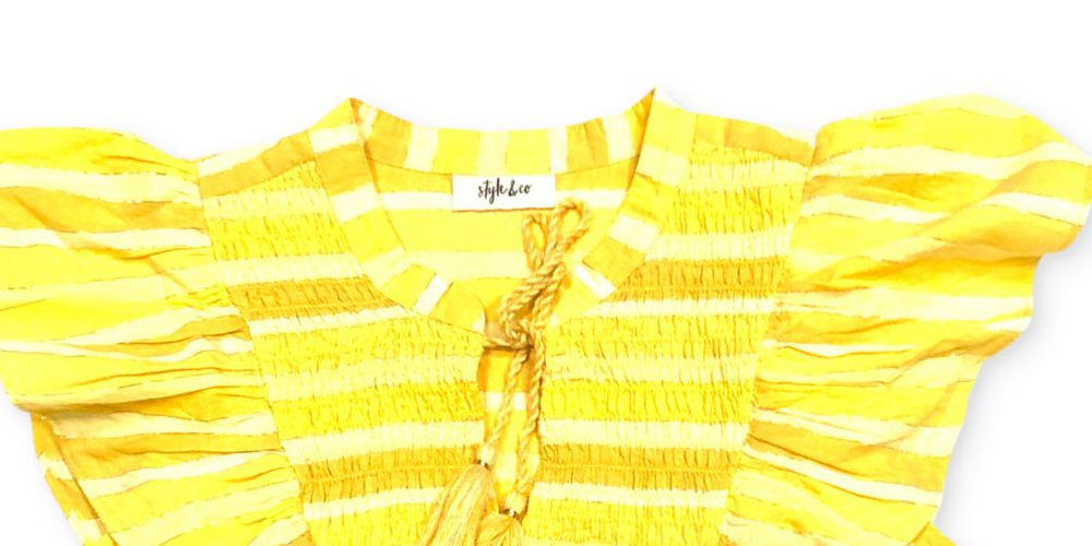 Style & Co Women's Striped Ruffle Sleeve Cotton Top Yellow Size Large