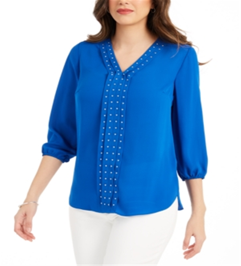 JM Collection Women's Solid Studded Pleated Blouse Blue Size X-Large