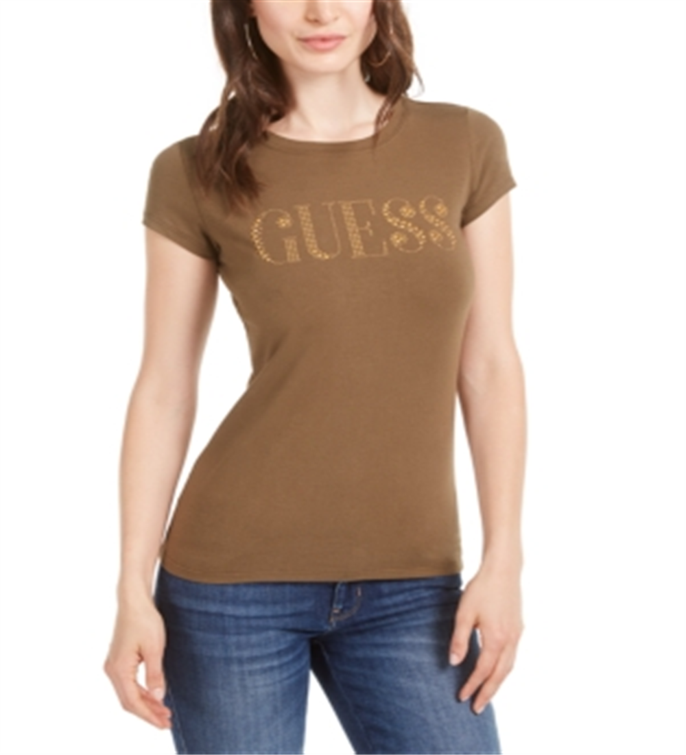 Guess Women's Cotton Beaded Logo T-Shirt Green Size X-Small