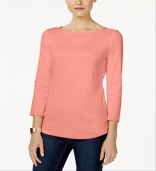 Charter Club Women's Pima Cotton Boat Neck Button Shoulder Top Orange Size Large