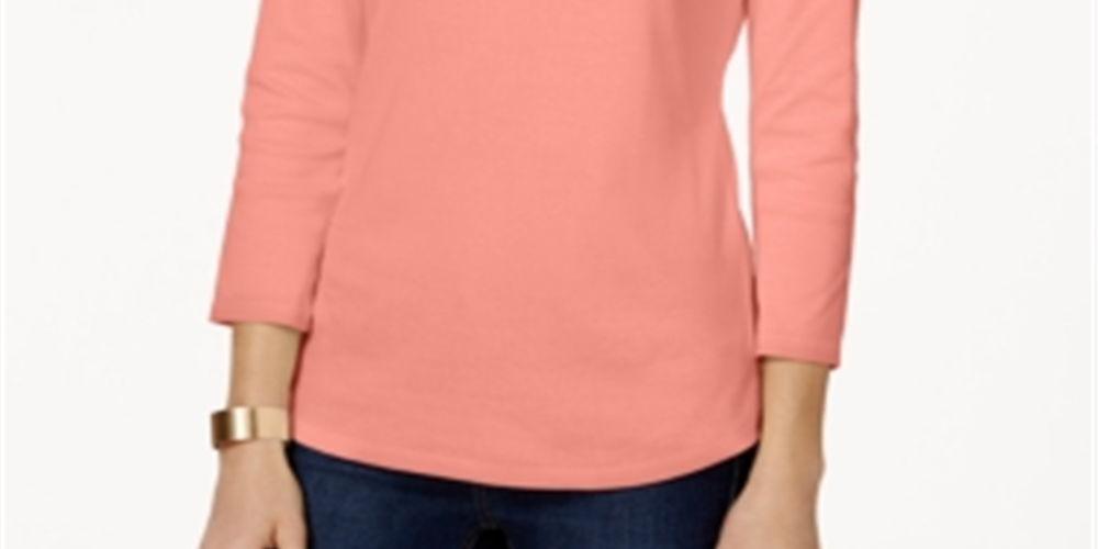 Charter Club Women's Pima Cotton Boat Neck Button Shoulder Top Orange Size Large