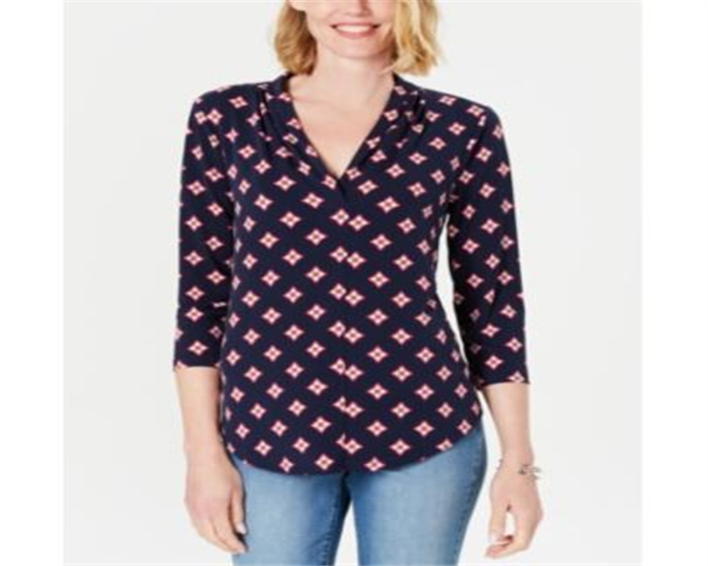 Charter Club Women's Pleated V Neck Printed Knit Shirt Blue Size Small