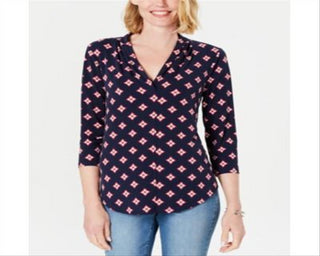 Charter Club Women's Pleated V Neck Printed Knit Shirt Blue Size Small