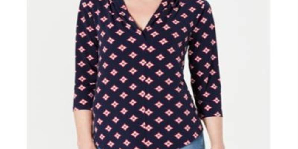 Charter Club Women's Pleated V Neck Printed Knit Shirt Blue Size Small