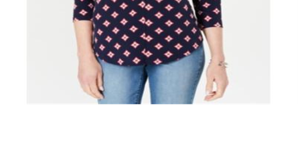 Charter Club Women's Pleated V Neck Printed Knit Shirt Blue Size Small