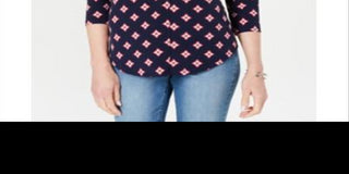 Charter Club Women's Pleated V Neck Printed Knit Shirt Blue Size Small