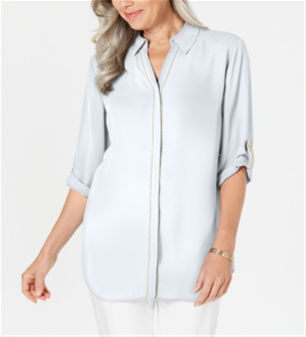 JM Collection Women's Caviar Trim Button up Top White Size Large