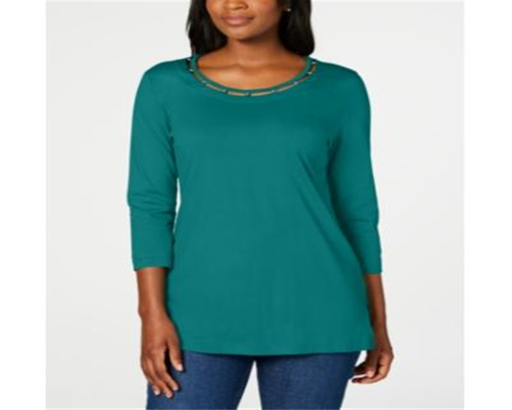 Karen Scott Women's Beaded Top Teal Size Medium