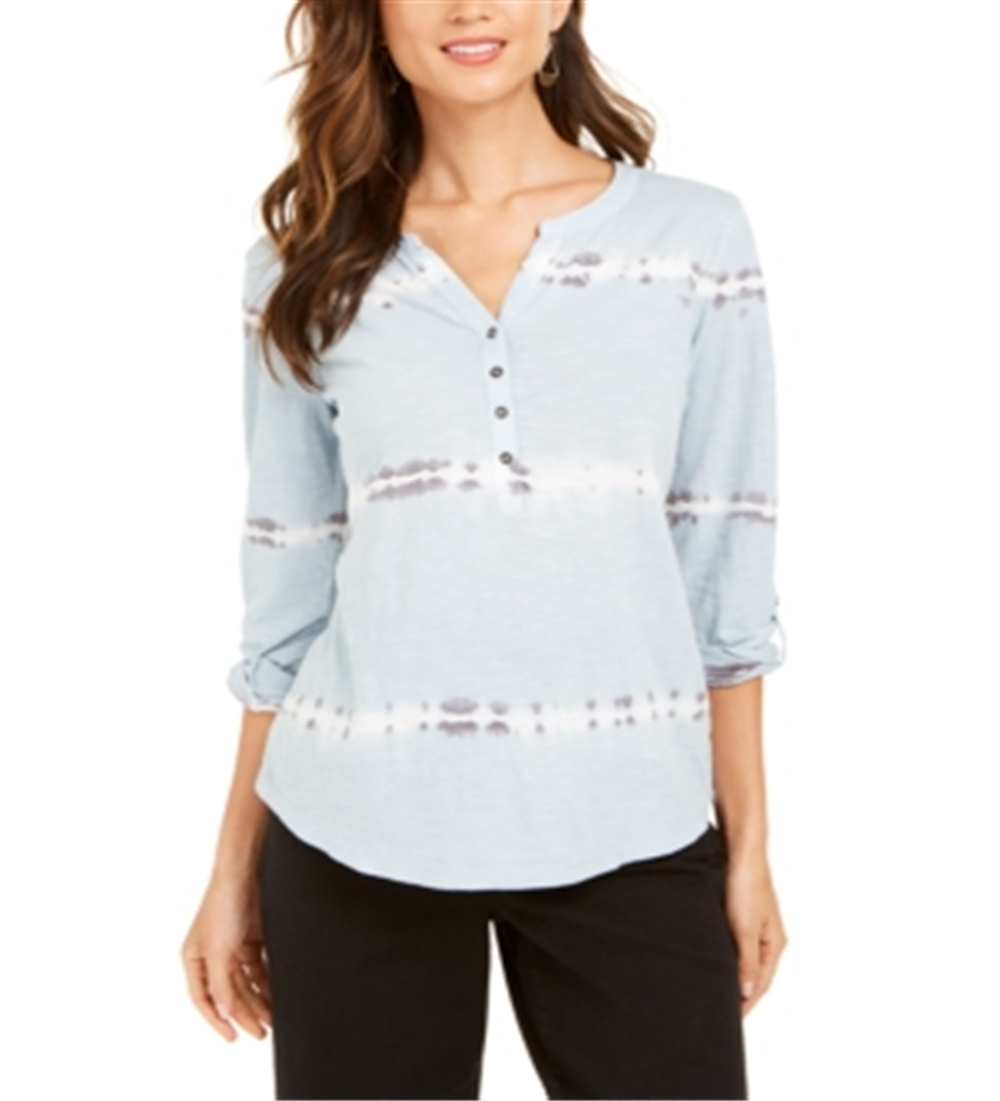 Style & Co Women's Cotton Tie Dyed Henley Top Blue Size Petite S