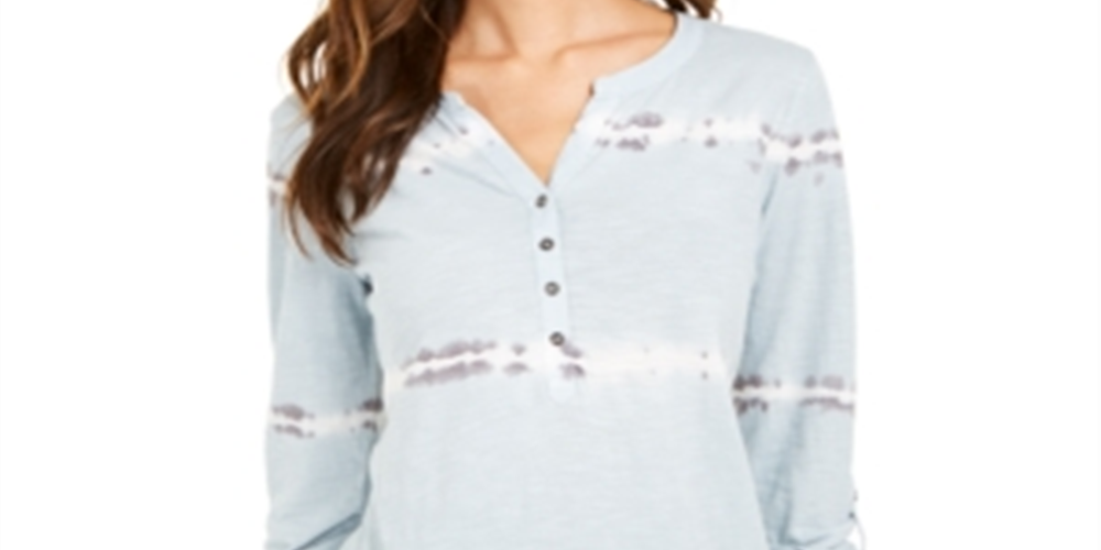 Style & Co Women's Cotton Tie Dyed Henley Top Blue Size Petite S