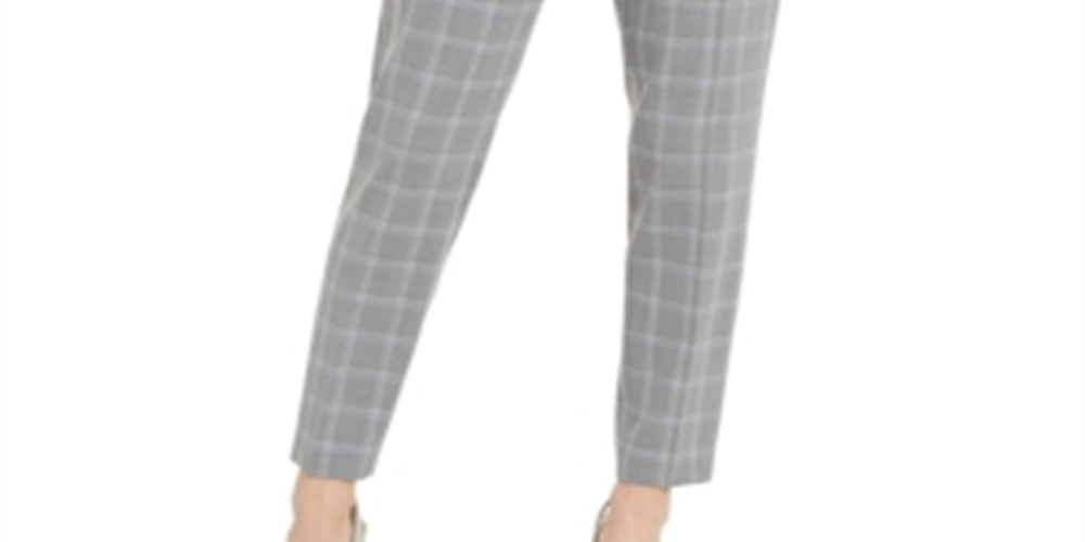 Calvin Klein Women's Slim Fit Belted Windowpane Pants Gray Size 12