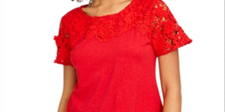 Charter Club Women's Cotton Lace Embellished T-Shirt Red Size Small