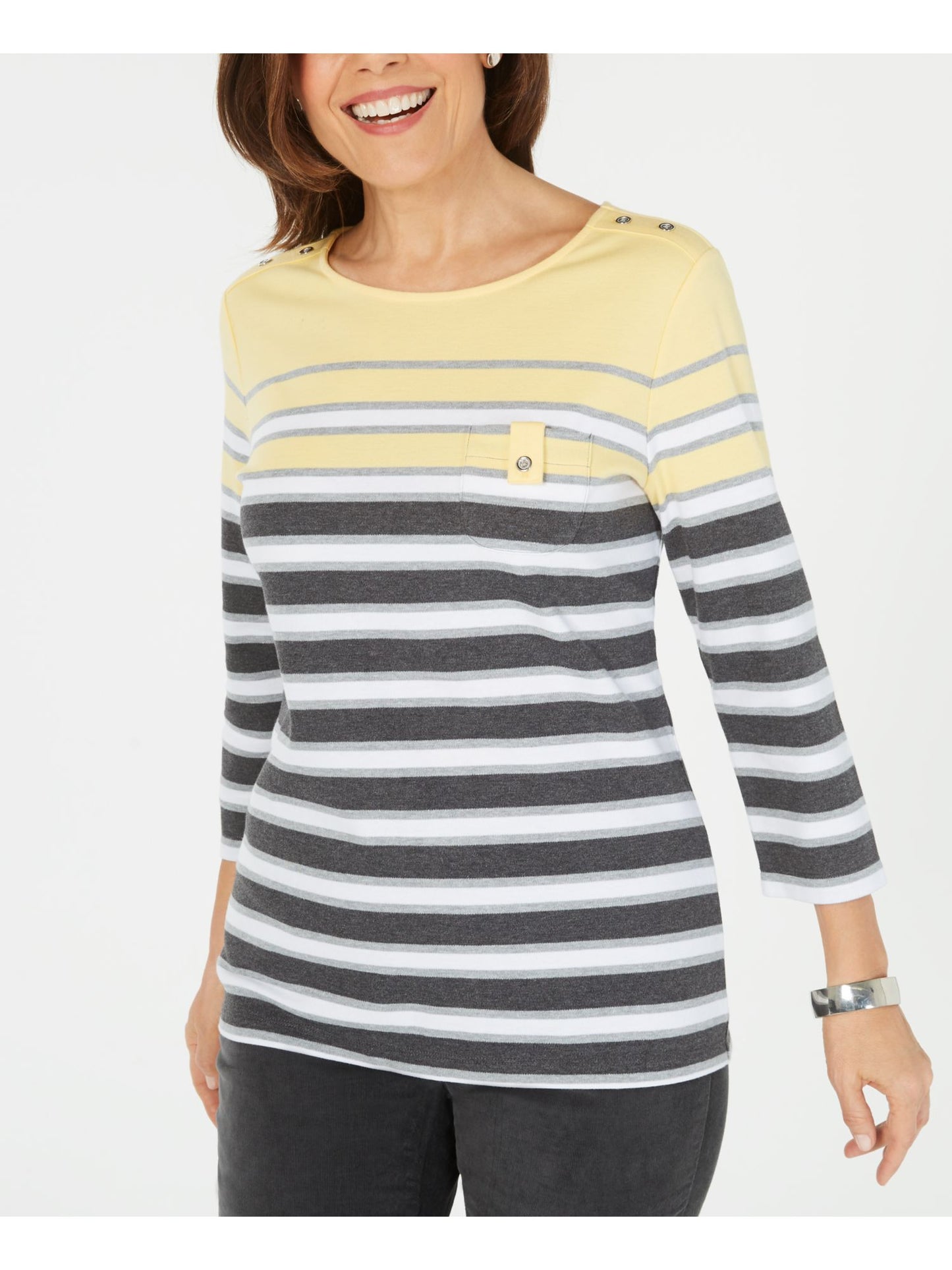 Karen Scott Women's Striped 3/4 Sleeve Boat Neck Top Yellow Size Small