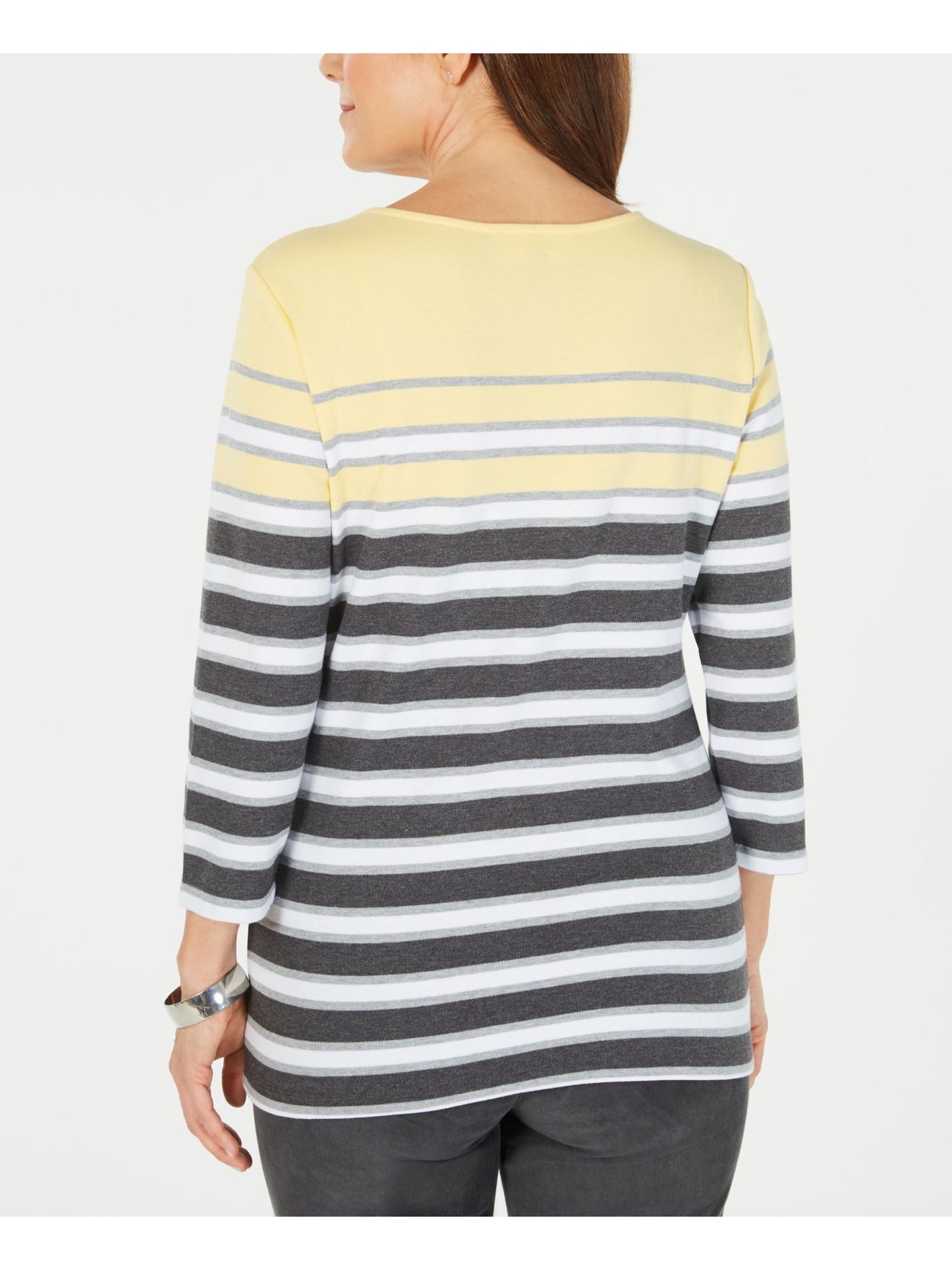Karen Scott Women's Striped 3/4 Sleeve Boat Neck Top Yellow Size Small