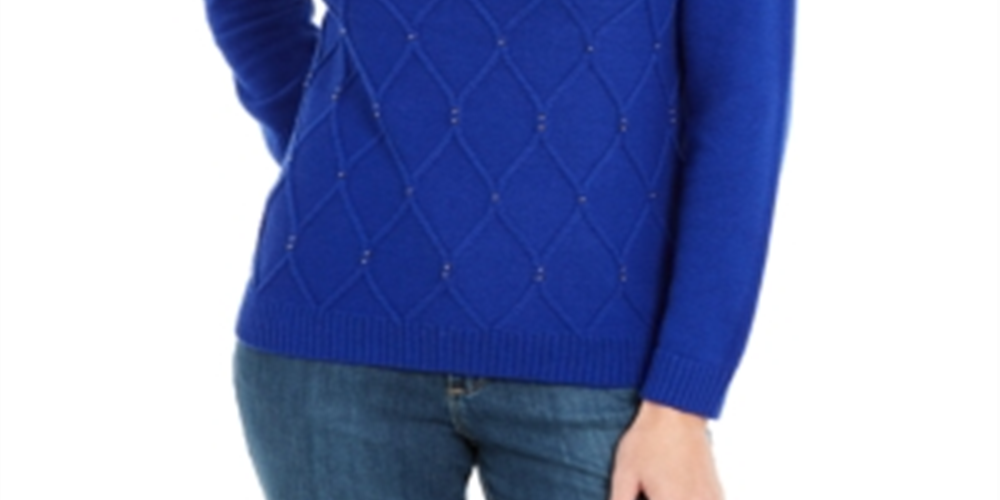Karen Scott Women's Beaded Cable Mock Neck Sweater Blue Size XX-Large