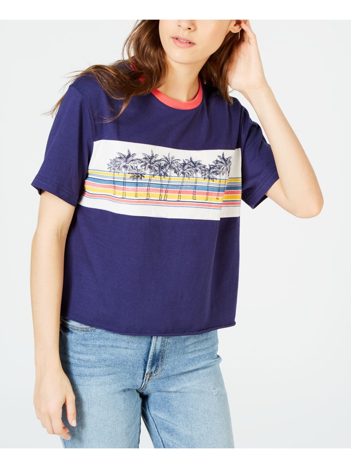 Rebellious One Women's Printed Short Sleeve Crew Neck T-Shirt Top Blue Size Medium