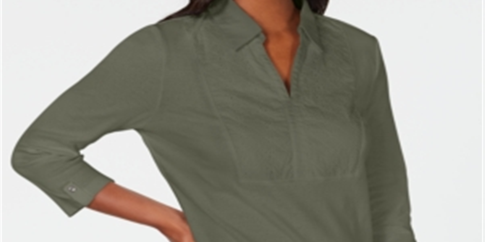 Karen Scott Women's Cotton Eyelet Yoke Top Green Size Small