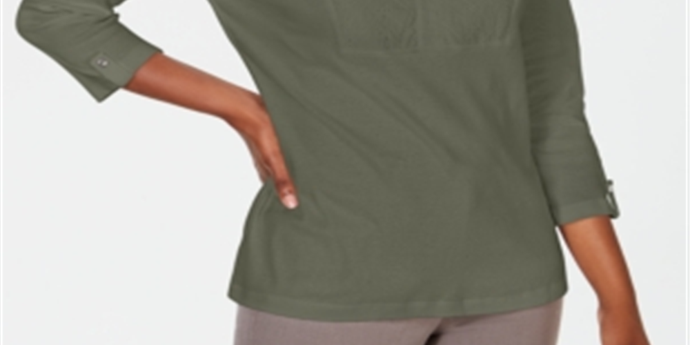 Karen Scott Women's Cotton Eyelet Yoke Top Green Size Small