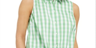 Charter Club Women's Gingham Print Tie Hem Shirt Green Size 10