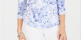 Charter Club Women's Pima Cotton Printed Button Shoulder Top White Size Petite L