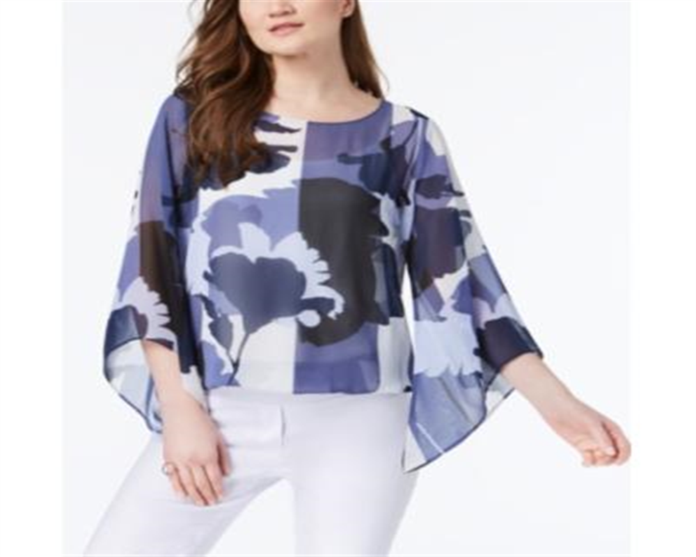 Alfani Women's Printed Angel Sleeve Top Blue Size Petite L