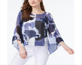 Alfani Women's Printed Angel Sleeve Top Blue Size Petite L