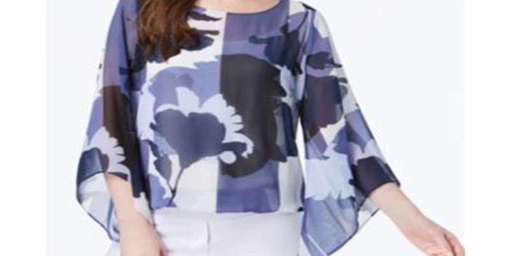 Alfani Women's Printed Angel Sleeve Top Blue Size Petite L