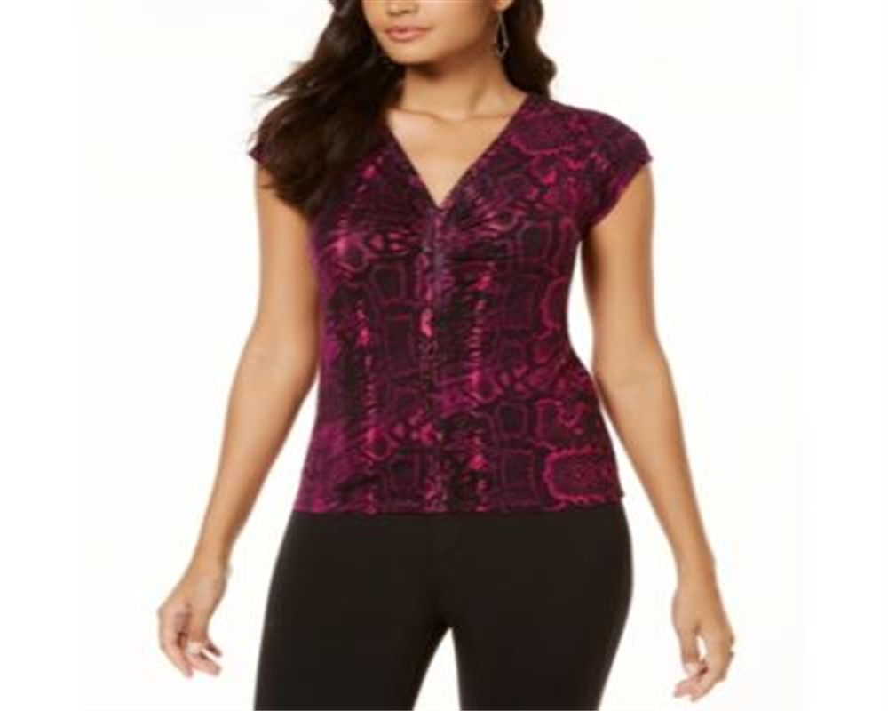 Thalia Sodi Women's Printed Ruched V Neck Top Purple Size X-Small