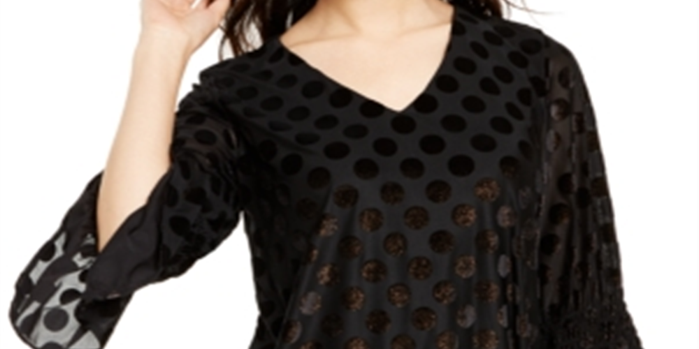 Alfani Women's Metallic Dot Bell Sleeve Top Black Size X-Small