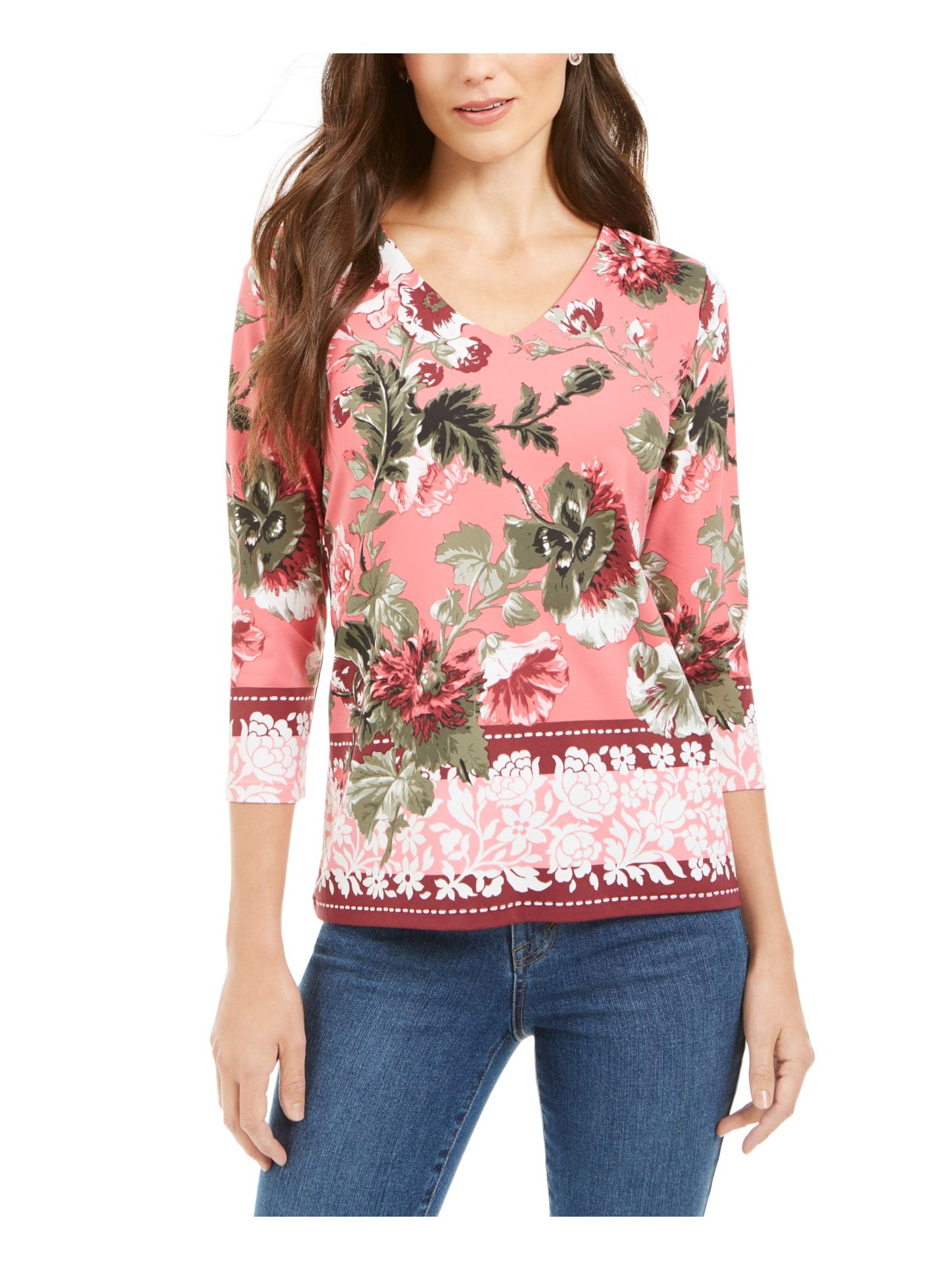 Charter Club Women's Floral 3/4 Sleeve V Neck Top Pink Size Small