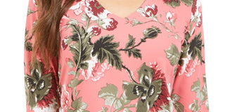 Charter Club Women's Floral 3/4 Sleeve V Neck Top Pink Size Small