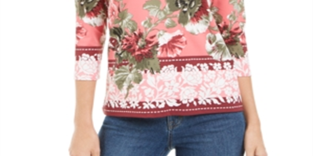 Charter Club Women's Floral 3/4 Sleeve V Neck Top Pink Size Small