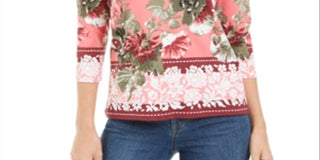 Charter Club Women's Floral 3/4 Sleeve V Neck Top Pink Size Small