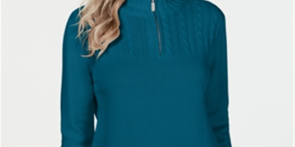 Karen Scott Women's Cotton Zip Neck Sweater Teal Size XX-Large