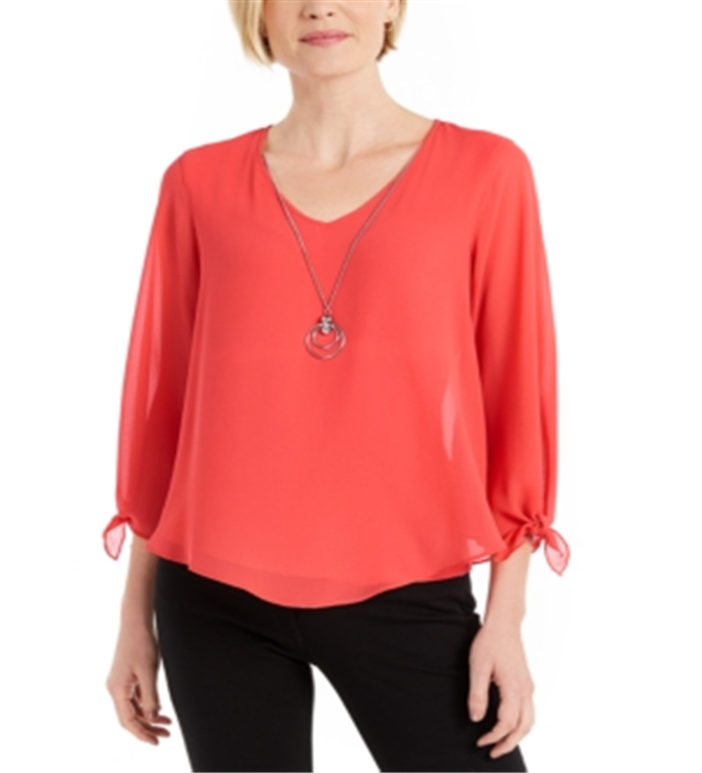 JM Collection Women's Asymmetrical Necklace Blouse Red Size Medium