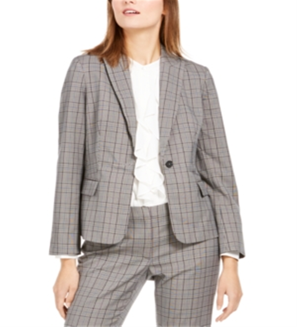Calvin Klein Women's Plaid One Button Blazer Gray Size 4