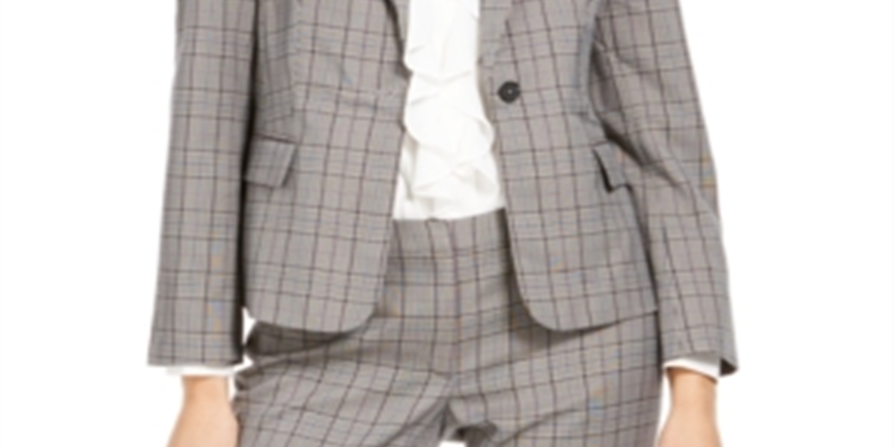 Calvin Klein Women's Plaid One Button Blazer Gray Size 4