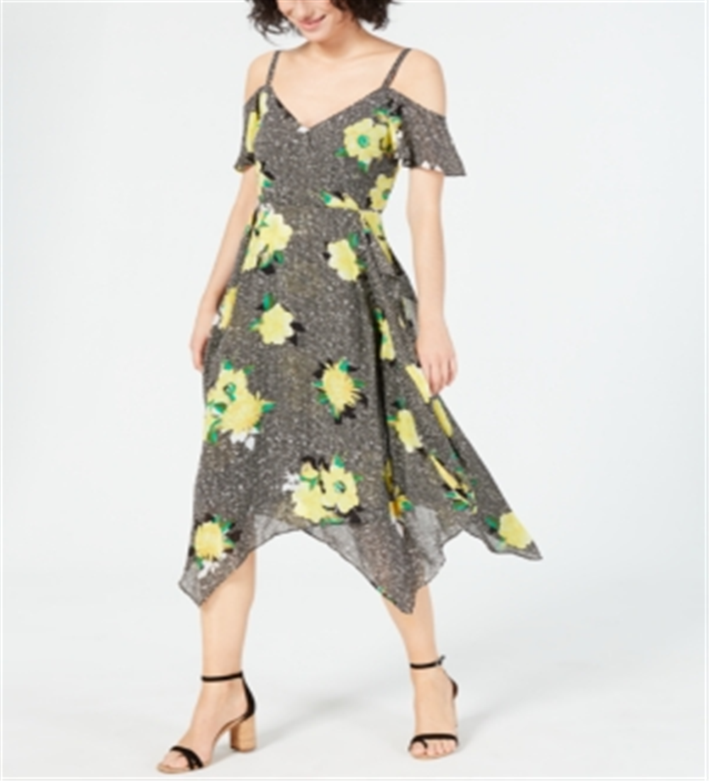 INC International Concepts Women's Gingham Floral MIDI Dress Blue Floral Size Petite S
