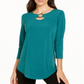 JM Collection Women's Ring Neck 3/4 Sleeve Top Green Size Petite Small