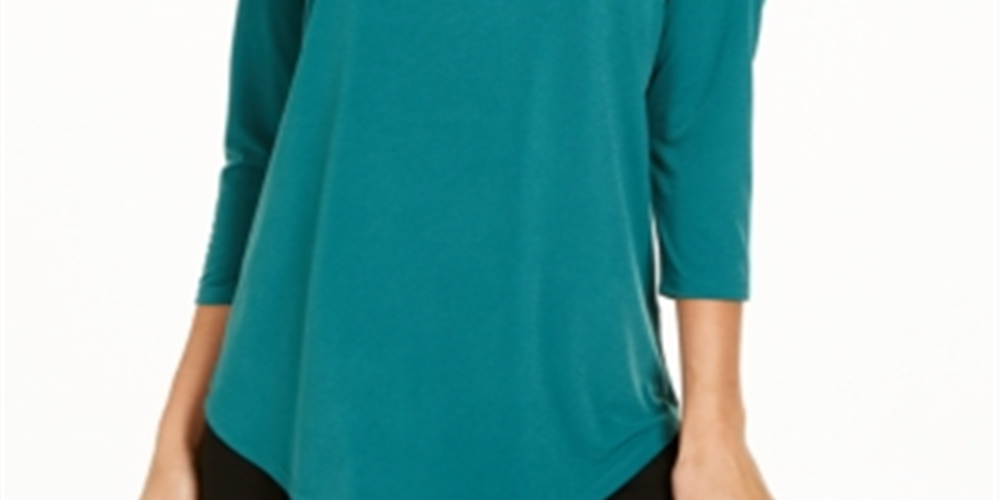 JM Collection Women's Ring Neck 3/4 Sleeve Top Green Size Petite Small