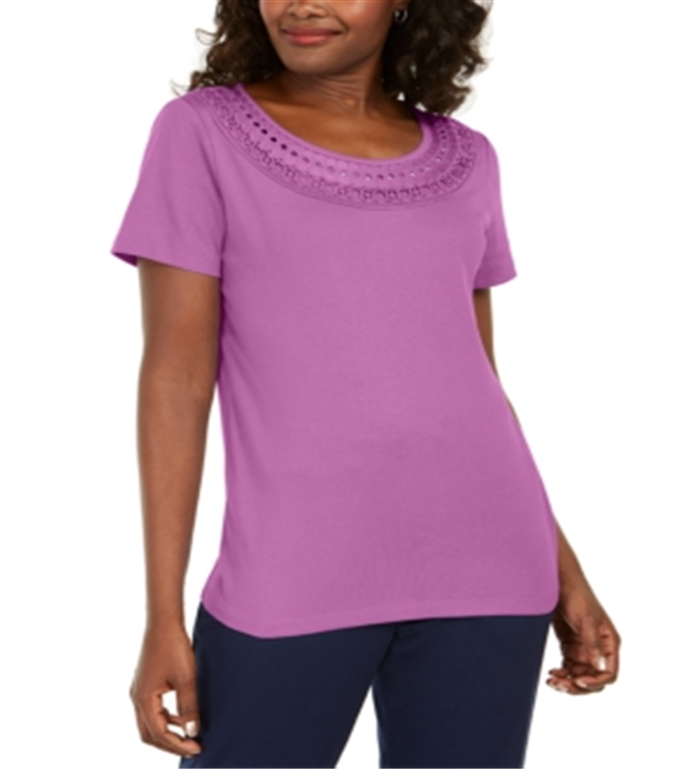 Karen Scott Women's Cotton Crochet Trim T-Shirt Purple Size X-Small