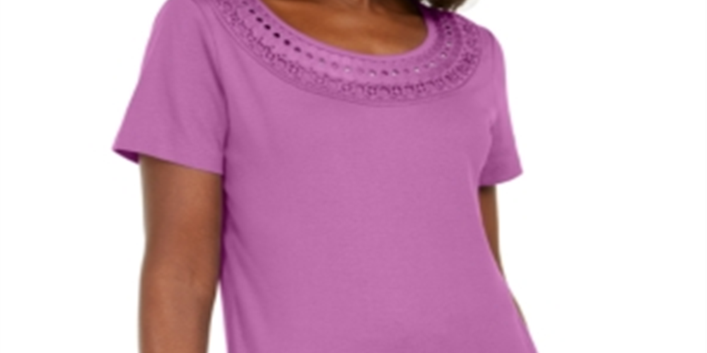 Karen Scott Women's Cotton Crochet Trim T-Shirt Purple Size X-Small