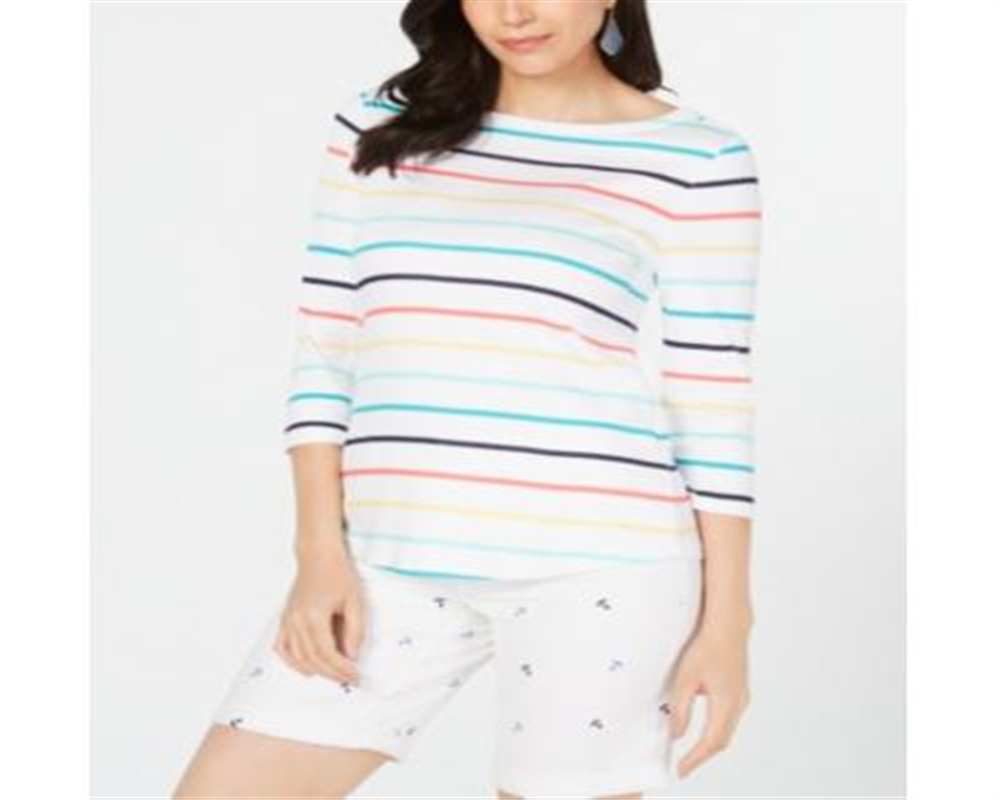 Charter Club Women's Cotton Striped Top White Combo White Size Petite Small