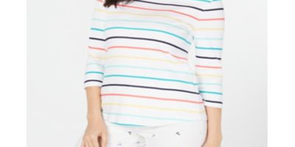 Charter Club Women's Cotton Striped Top White Combo White Size Petite Small