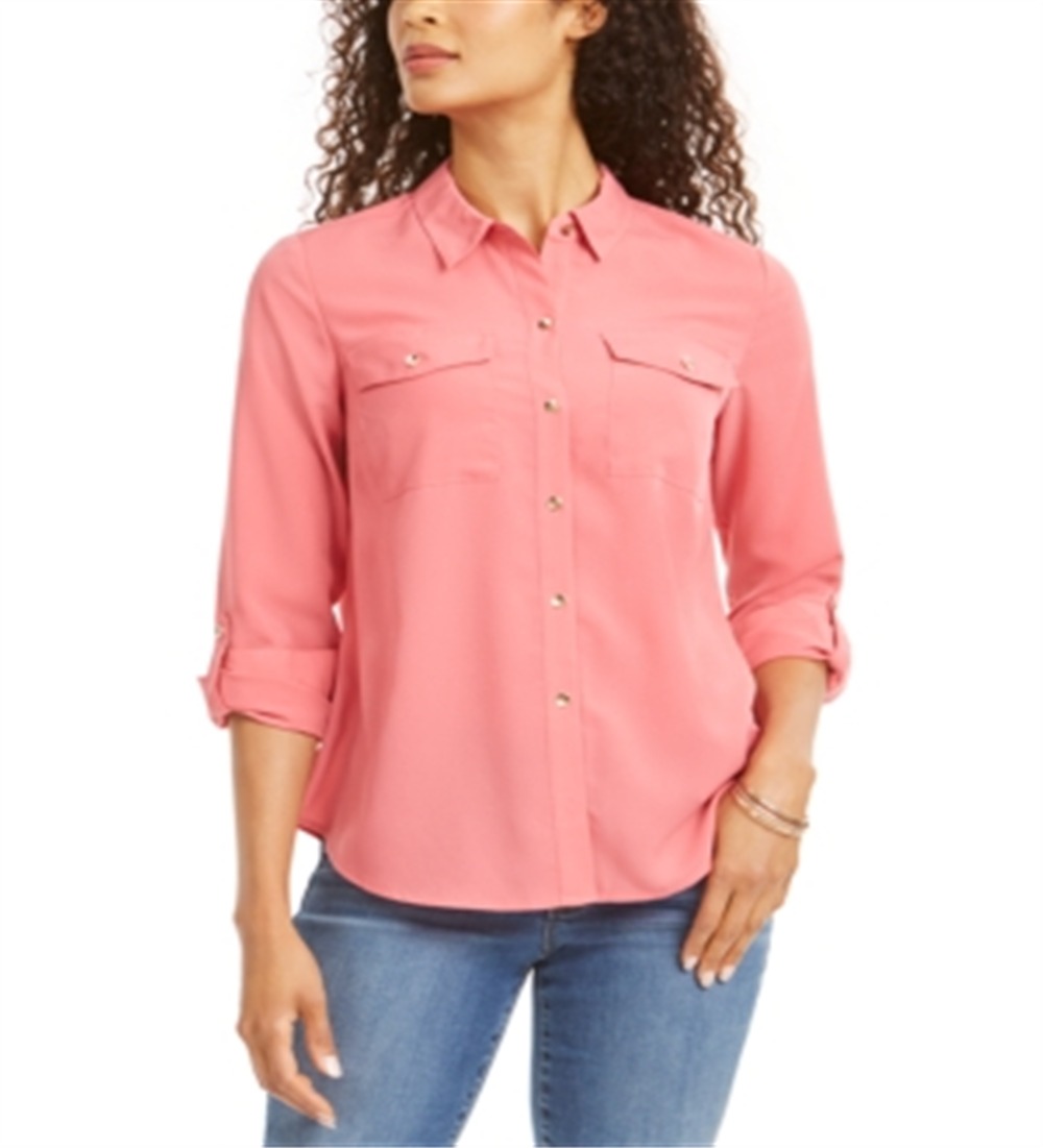 Charter Club Women's Solid Button up Shirt Pink Size Petite Small