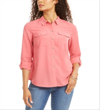 Charter Club Women's Solid Button up Shirt Pink Size Petite Small