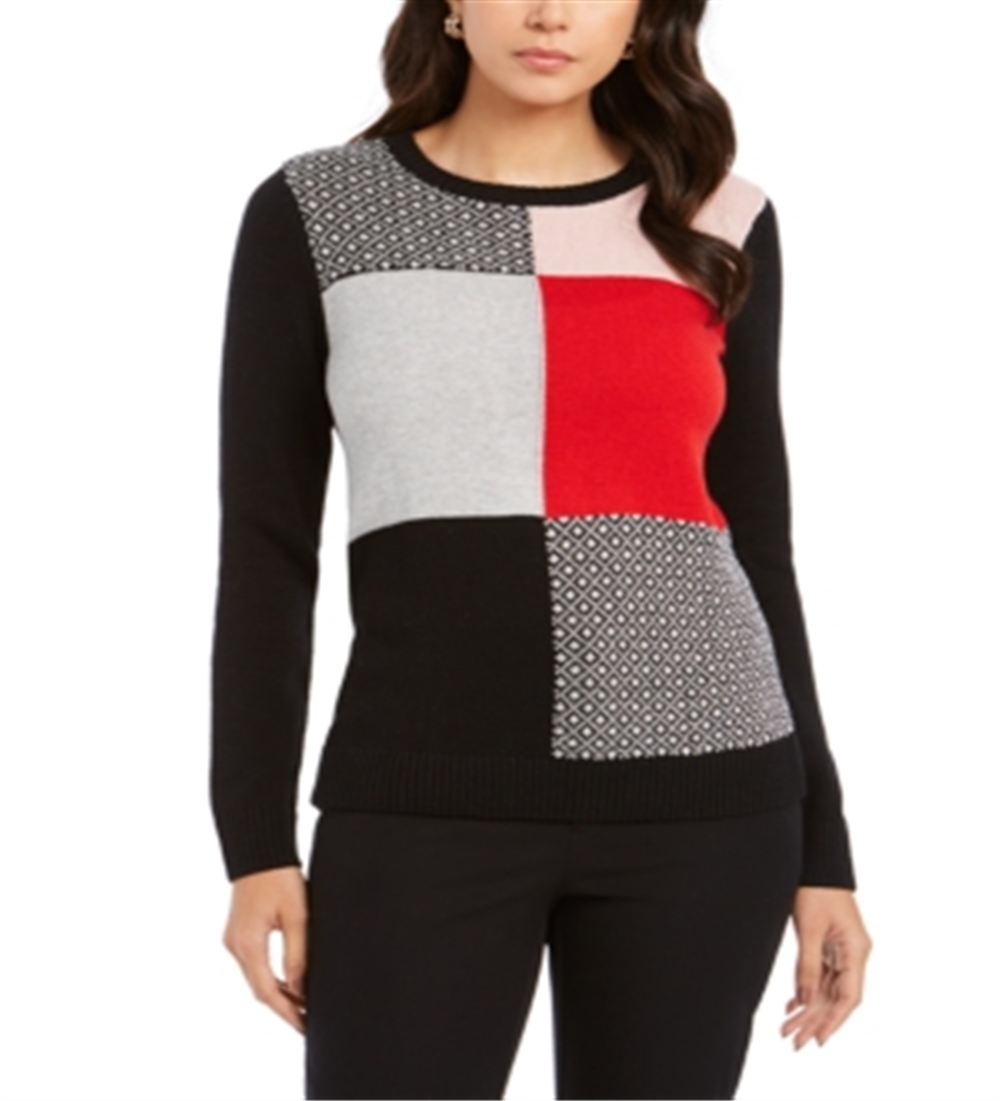 Charter Club Women's Patchwork Sweater Black Size Petite XL
